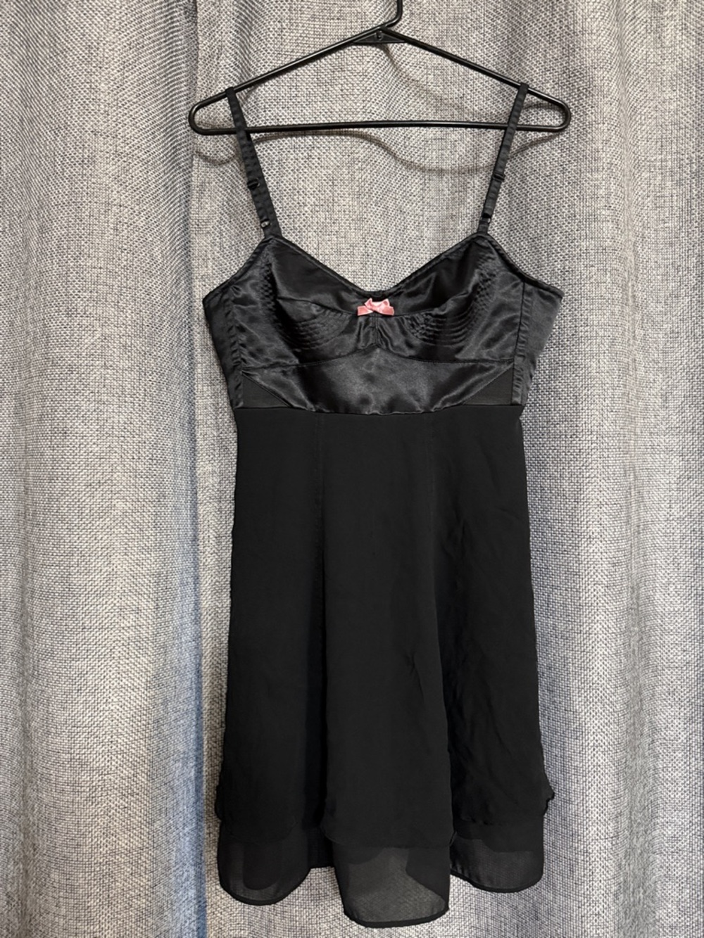 Betsey Johnson New York Vintage Black Satin & Silk Slip Dress Pink Bow Pinup